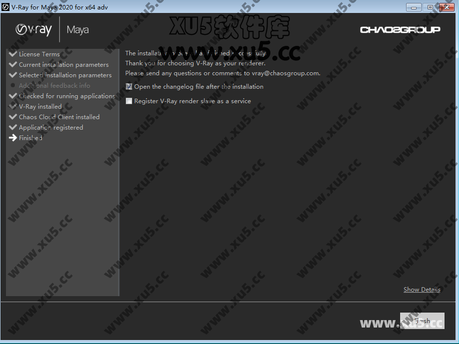 V-Ray V4.1 For Maya 安装完成提示